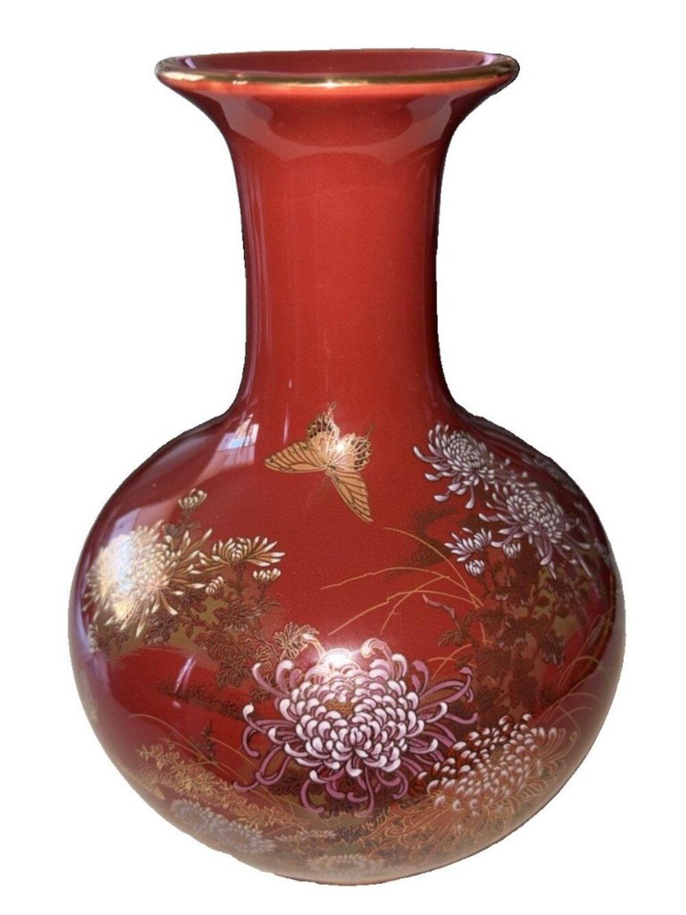 Andrea by Sadek Japanese Vase Gold Floral Design Red Made in Japan-8”H